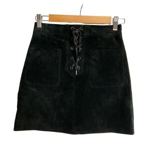Vero Moda Black Suede Leather Lace Up Patch Pockets Mini Skirt Punk Biker Rock S